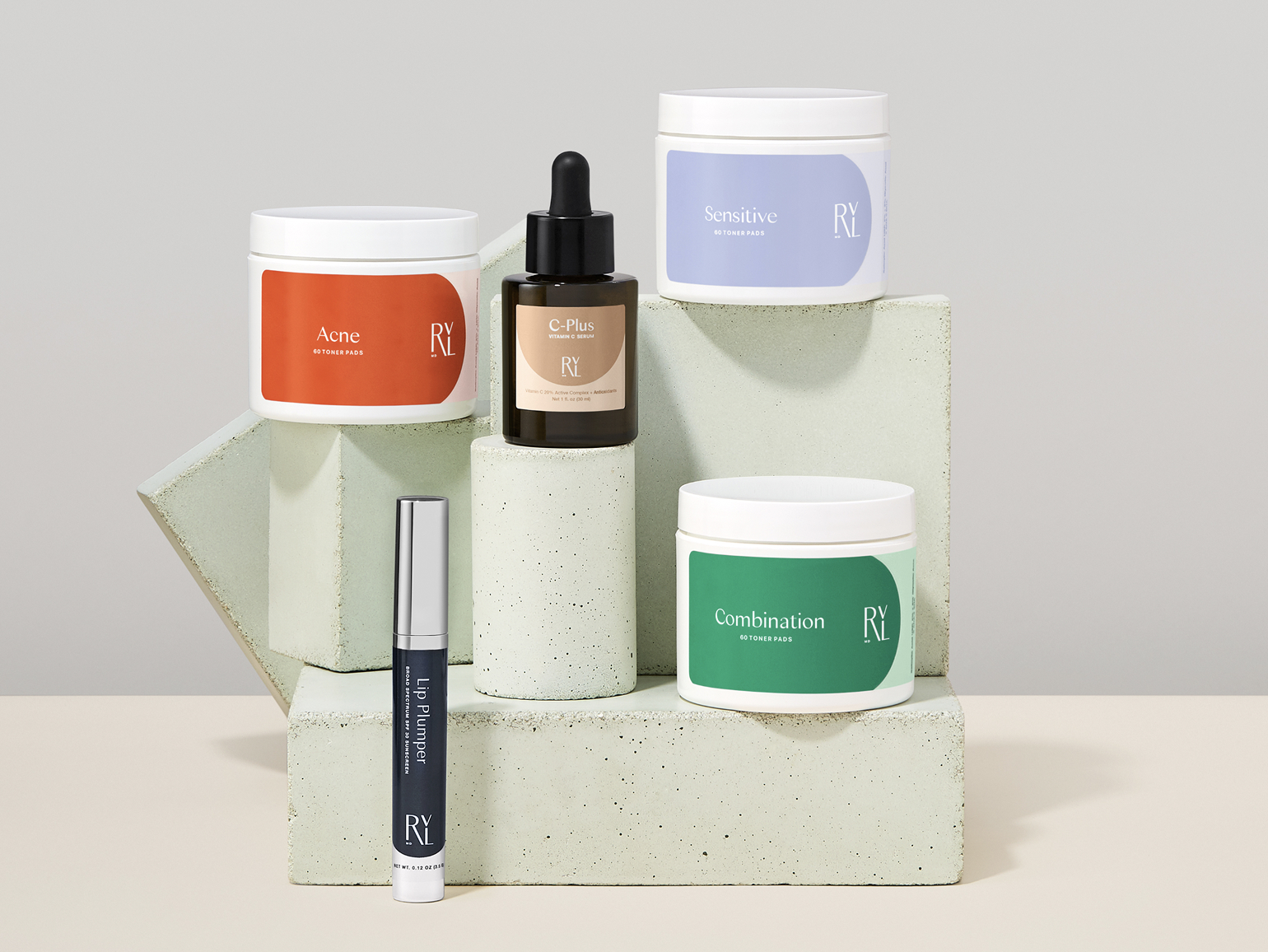 RVL skincare product line — lotions, cleansers, and serums